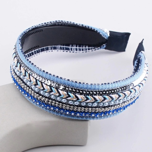 Boho Faux Pearl Sequin Braided Headband - Picture 3 of 7